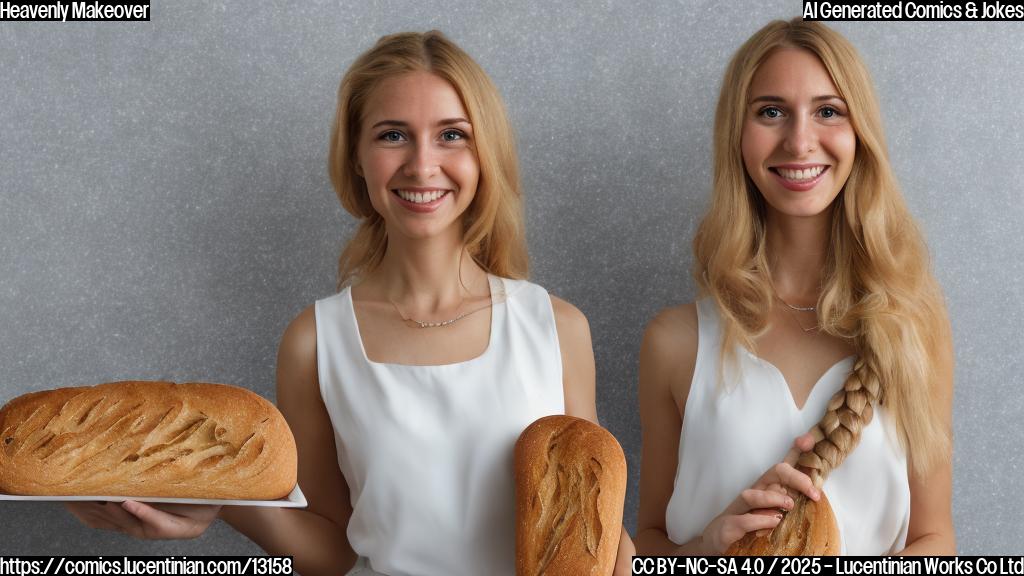 Cartoon style image, plain background, a woman with long blonde hair in a white dress standing in front of a bakery with "Heavenly Bakes" sign. She is holding a loaf of whole wheat bread and smiling.