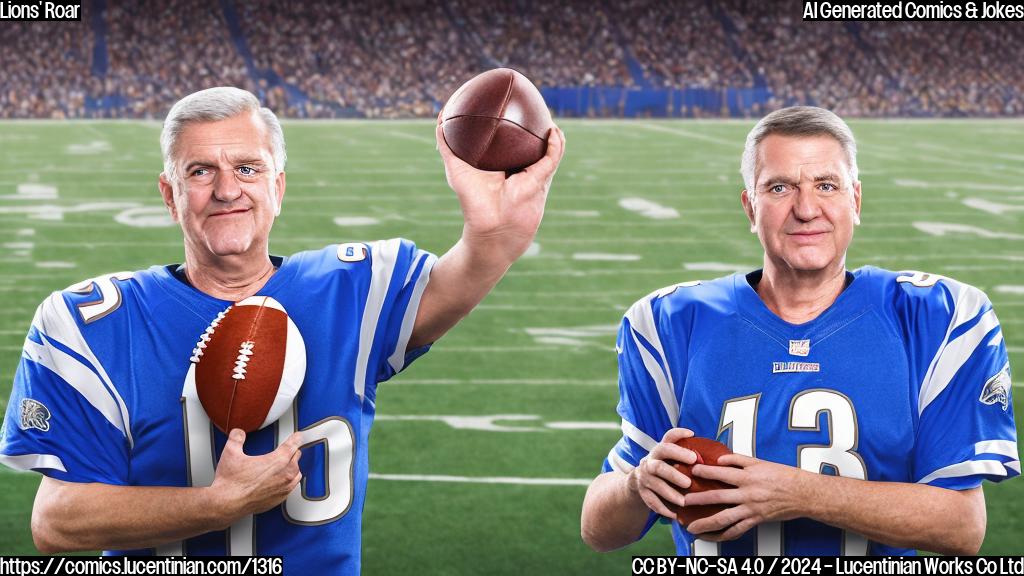 A cartoon of a coach with a shocked expression, wearing a Detroit Lions jersey and holding a football. The background should show a football field with a red "X" marked through it, symbolizing the team's victory.