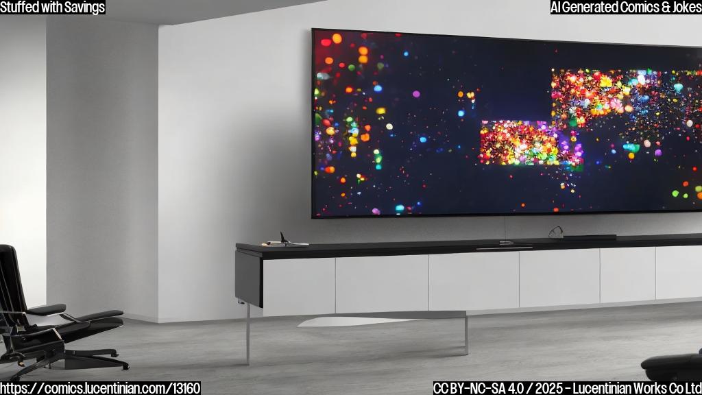 A large, flat screen display with sleek edges and a minimalist frame, sitting on a modern entertainment center. A few cables are visible behind it, and some snacks are scattered around the room. The screen is displaying a dimly lit background with some subtle pixel patterns.