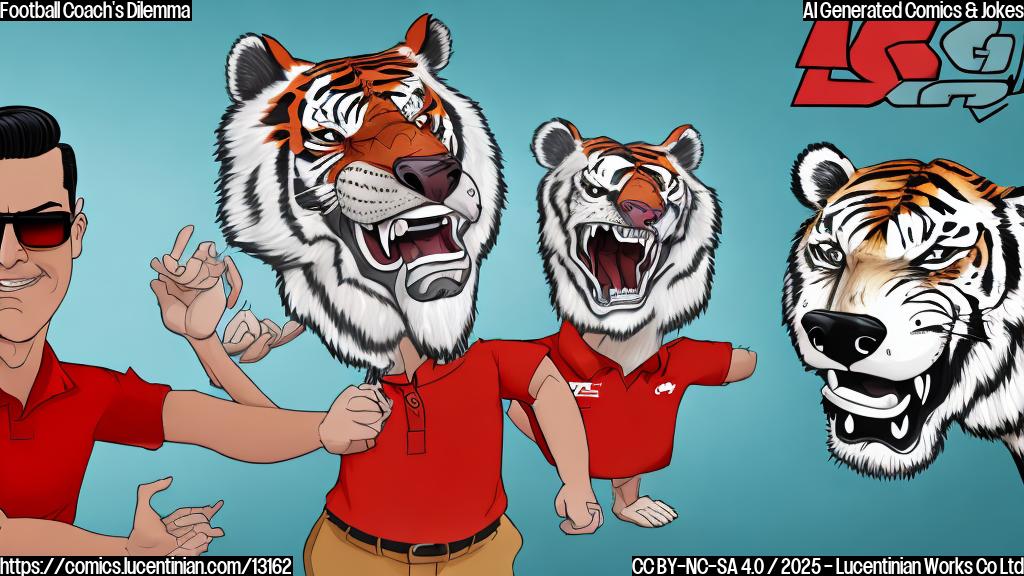 Cartoon image of a man with slicked-back hair, wearing a red polo shirt and headset, pacing nervously between two logos: one a bear wearing sunglasses, the other a tiger with a menacing grin. The background is a split image: one side a modest football field, the other side a giant stadium.