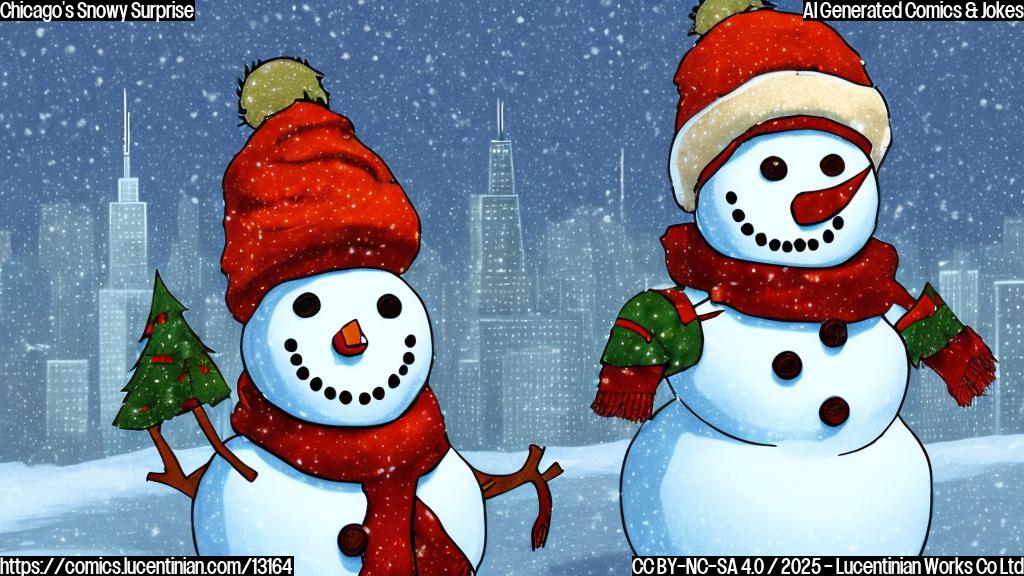 Plain color cartoon style image of a snowman wearing a Chicago-style hat and scarf, standing in a snowy city landscape with skyscrapers in the background. The snowman looks surprised and excited. The color palette is mostly white and blue, with some pops of red and orange.