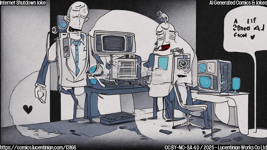 A cartoon depicting a sad-looking anthropomorphic computer with a broken heart, standing next to a frowning anthropomorphic vinyl record. Both are in a plain color style, with a muted color palette.