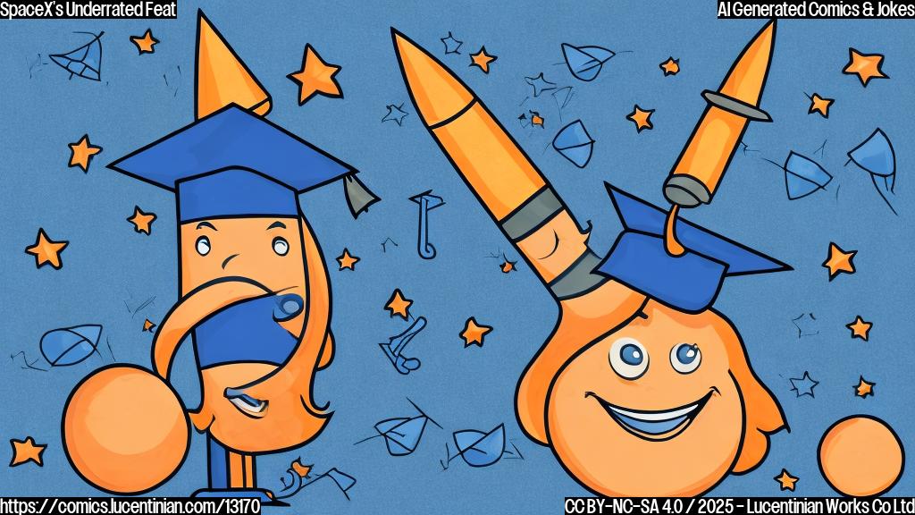 A cartoon style drawing of a blue colored rocket on a launch pad, wearing a graduation cap and smiling. The background is a simple, plain orange color.