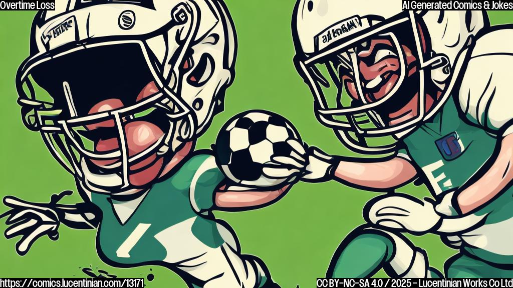 Cartoon illustration. A sad football character with a helmet, lying on a green field. The character is cracked and leaking air, and there is a single tear rolling down its face. The style is simple, plain color, and suitable for children.