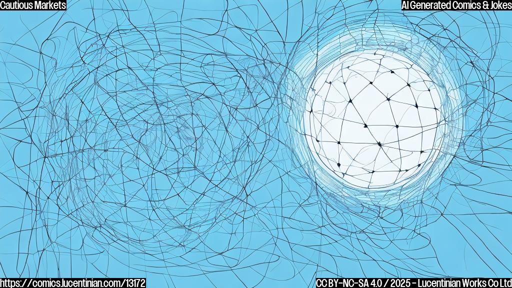 cartoon, simple, plain color background, a blue graph with rising and falling lines looking nervously at a calendar with a big question mark on it