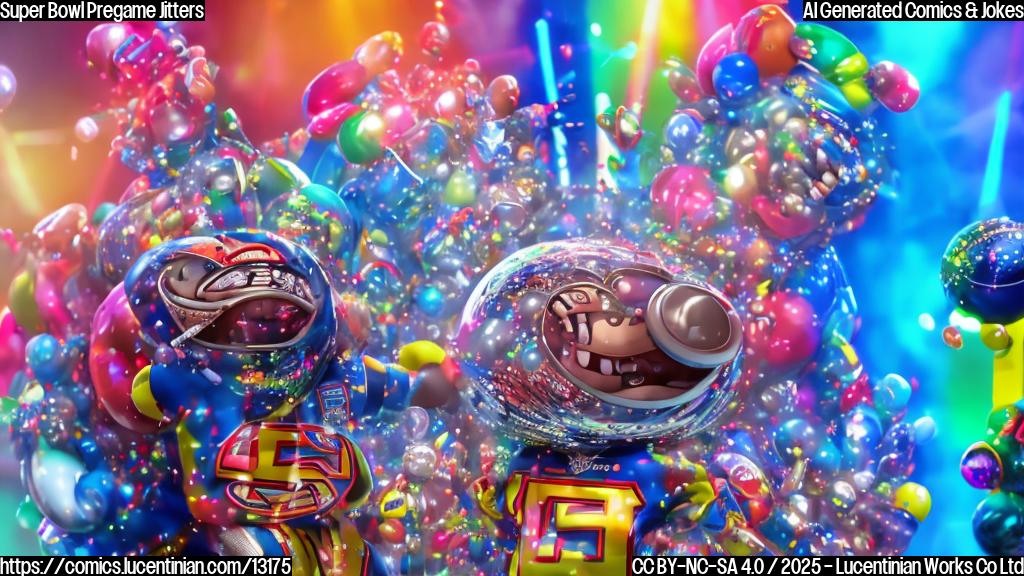 A cartoon microphone with big, worried eyes and beads of sweat, standing on a stage in front of a blurred crowd. The stage is set up for a Super Bowl pregame show, with footballs and musical notes as decorations. The color palette is plain and bright.
