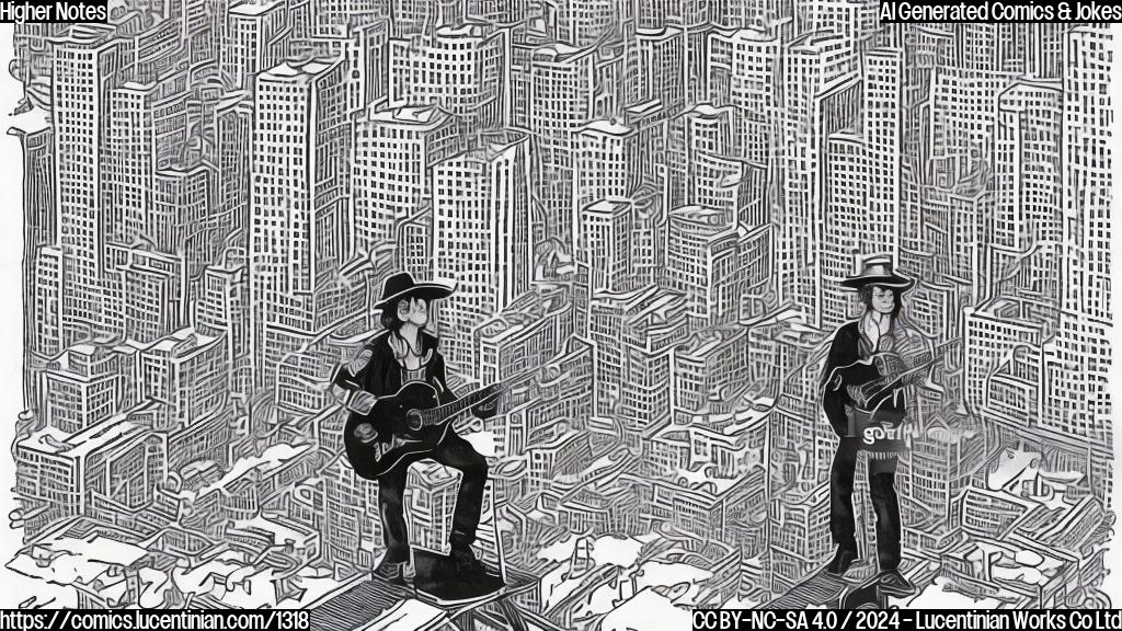 Draw a plain color cartoon style picture of a person playing a guitar and standing on a ladder, with a cityscape in the background.
The person should be wearing a hat similar to Bob Dylan's iconic look from the 1960s. The ladder should have rungs that resemble musical notes. The cityscape should include a subtle image of a Toyota pickup truck driving by in the distance.