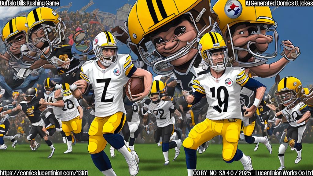 A cartoon style image of a Buffalo with the uniform of a football team, holding a map and running through a football field. In the background, there are some confused looking steel workers with hard hats and uniforms representing the Pittsburgh Steelers. The style should be simple and brightly colored.