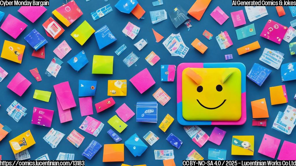 A small, brightly colored tablet with a surprised expression, surrounded by shopping tags and a Cyber Monday banner. The background is a plain, light blue.