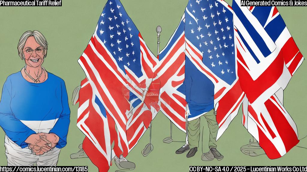 A cartoon drawing of a large green pill smiling with relief, standing in front of a US and UK flag. The background is a plain light blue.