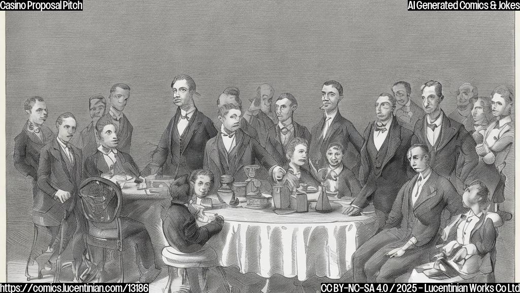 Cartoon image of a man in a suit standing nervously in front of a group of people seated at a large table. He's holding a very small ladder. The background is a plain light blue color. The style is simple, flat, and child-like.