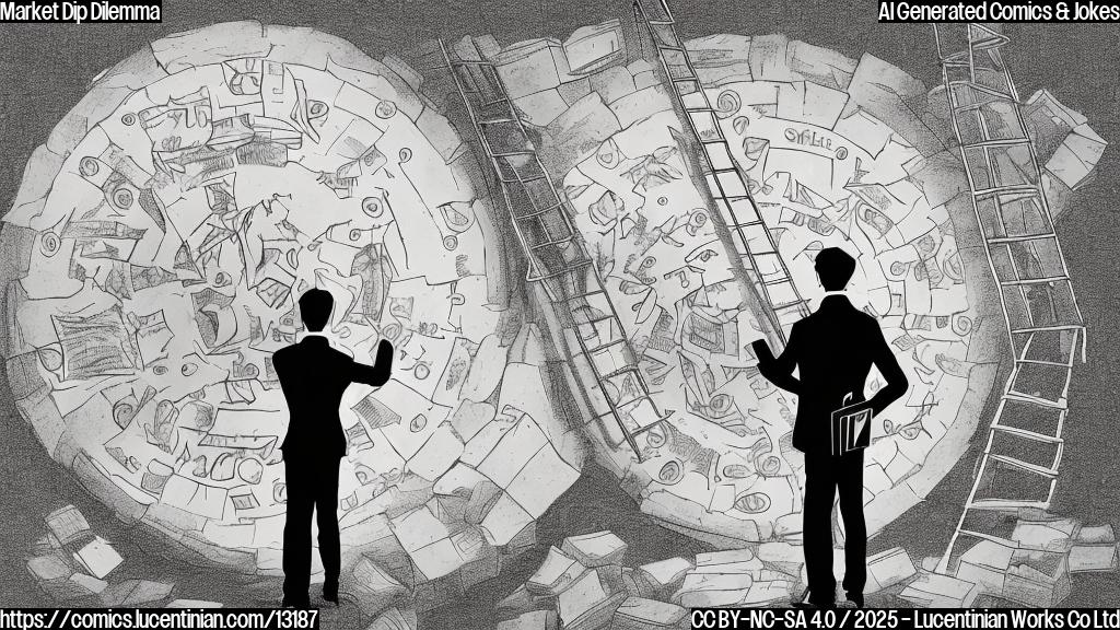 Cartoon image of a person in a suit with a briefcase, looking distressed and standing in a large hole labeled "Portfolio," with a ladder leaning against the side. The background shows a simplified stock market graph with a sharp downward trend. The overall style should be plain color cartoon style, with muted tones.
