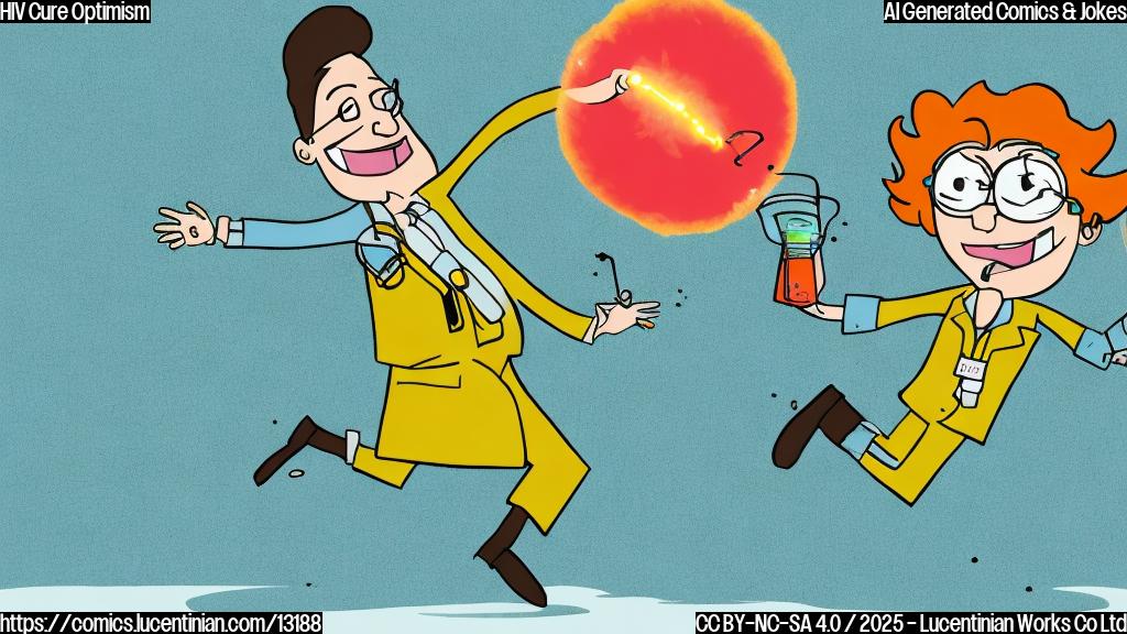 A simple, brightly colored cartoon illustration of a scientist in a lab coat jumping for joy, holding a beaker with a glowing fluid. The background is a plain light blue.