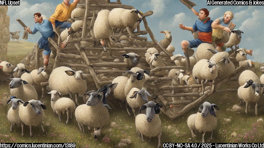 Cartoon image of a football team carrying a very long ladder towards a group of sheep that appear to be struggling to climb over a low wall. The wall should be painted with a panther design. The style is plain color cartoon.