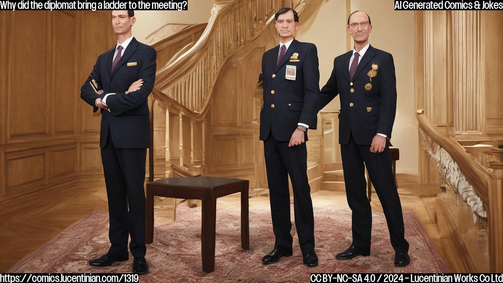 A tall, stern-looking official in a traditional suit with a stern expression, standing on a low stool, holds a small, intricately carved wooden ladder in his hand. Behind him, a figure in a modern business suit with a slight smile looks up at him from behind the staircase.