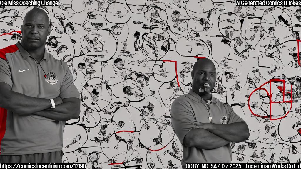 A cartoon image of a football coach with a whistle, looking stern, standing in front of a whiteboard covered in defensive play diagrams. The background is a plain red color.