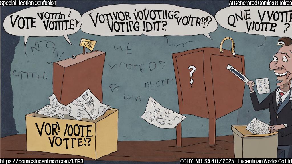 A confused cartoon voter with a large map, standing in front of a voting booth with a question mark above their head. The color palette is plain and bright.