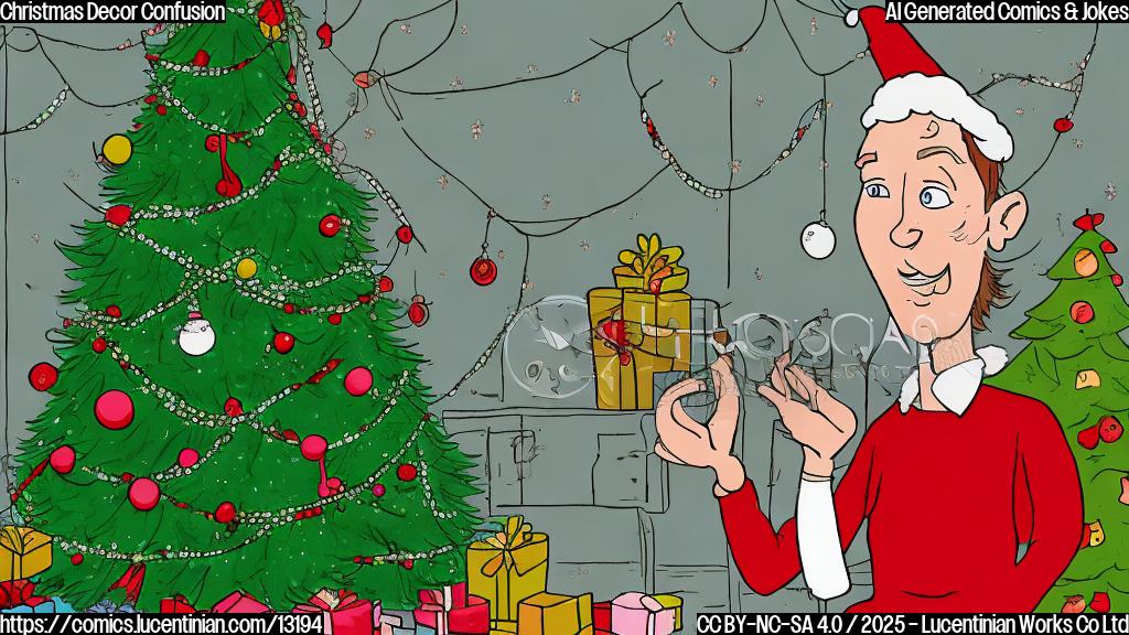 A cartoon image depicting a person with a confused expression, surrounded by an overwhelming number of Christmas trees in a room. The style should be plain color and simple.