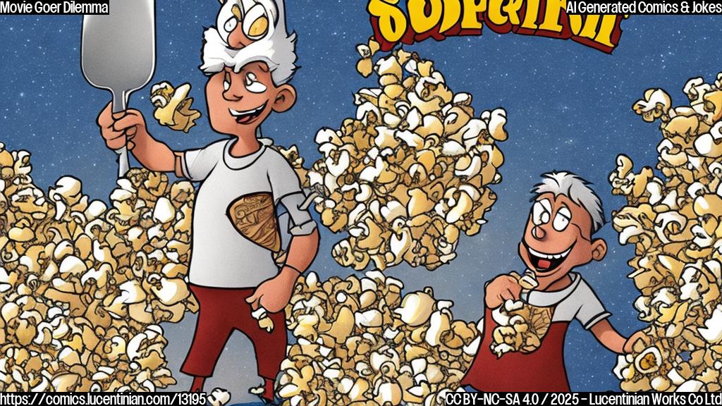 A confused cartoon moviegoer with popcorn in hand, standing at a fork in a road. One path is labeled "Original Stories," the other is labeled "Another IP Movie." The style is plain color cartoon style.
