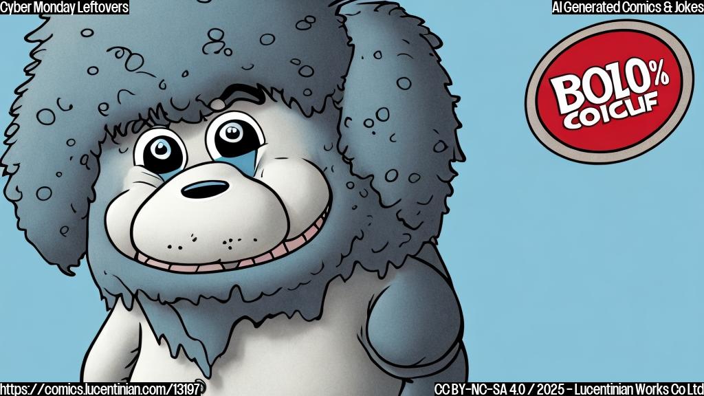 Cartoon image, solid light blue background, depicting a sad looking, slightly dented discount tag with a "70% OFF" label on it. The tag has droopy eyes and a frown.