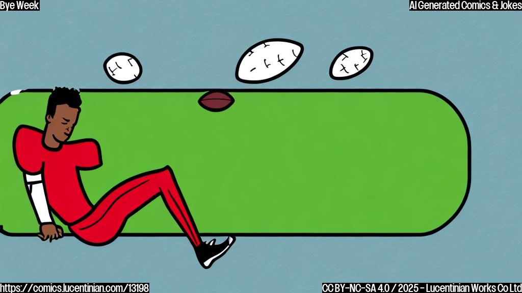 A cartoon style image of a football player sleeping peacefully on a football field with a speech bubble saying "Zzz". The field is plain green and the sky is plain blue. The style is simple and colorful.