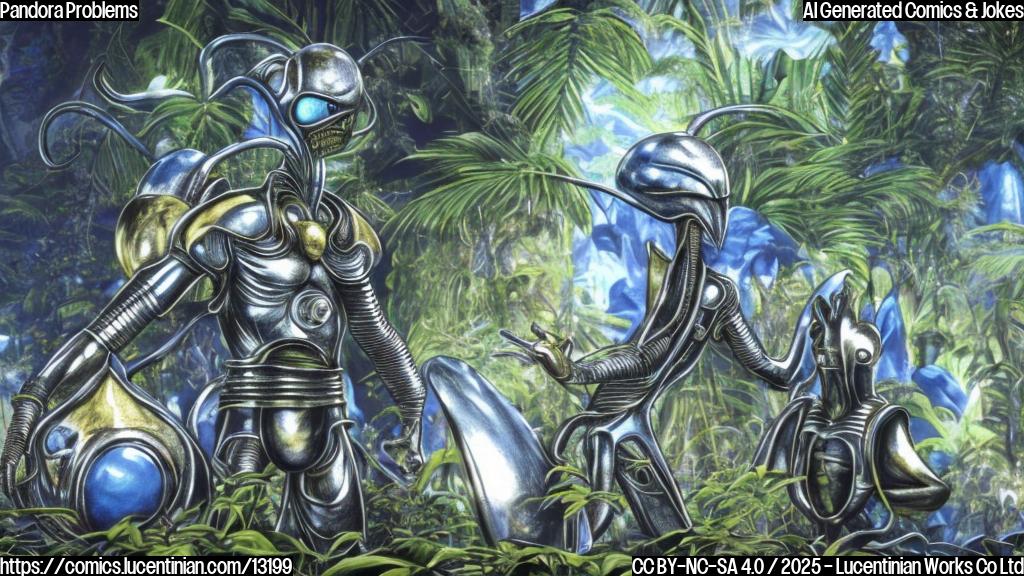 A plain color cartoon of a tall, slender blue alien with large yellow eyes standing next to a pile of metallic silver armor. The alien is frowning and waving his hand dismissively. The background is a simplified jungle scene with large, brightly colored plants.
