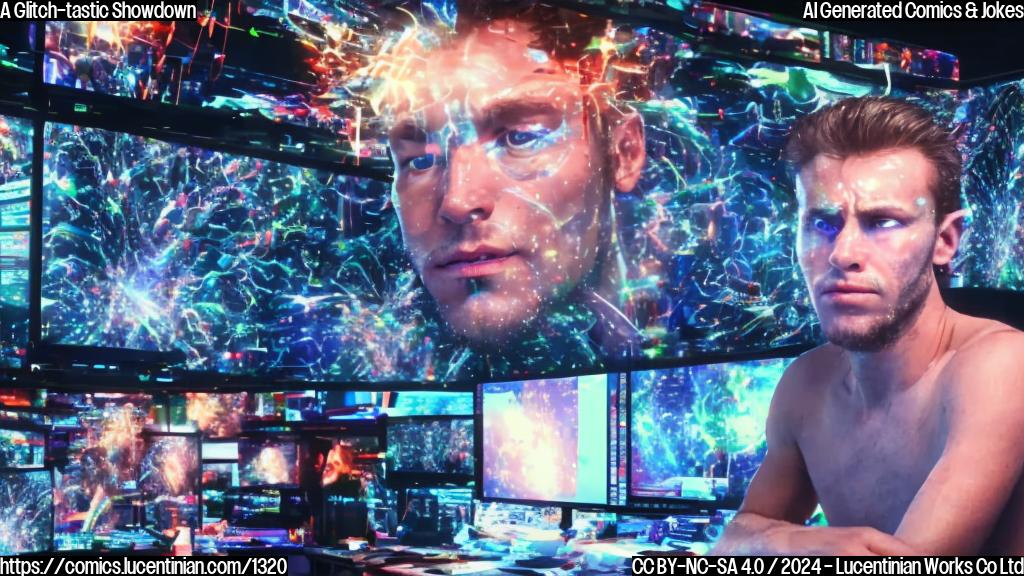 A person sitting in front of a computer with a concerned expression, surrounded by screens displaying buffering animations. The screens show various digital products, including a video player displaying the Paul-Tyson fight. The person's eyes are fixed on the screen, and they appear disoriented.