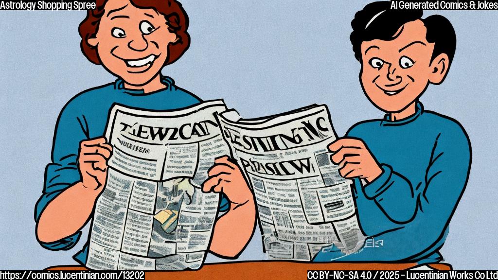 A simple cartoon image with a plain, light blue background. The image depicts a person looking at a newspaper with a shopping bag in hand. The person has short brown hair and is wearing a purple sweater. The newspaper has stars and astrological symbols on it.