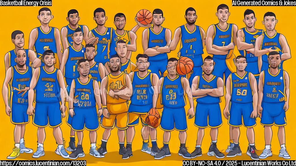 Plain color cartoon style. A basketball team with worried expressions carrying a very long ladder towards a basketball court bathed in bright sunshine, indicating extreme energy. The team's jerseys are simple and generic, avoiding any specific team logos or colors.