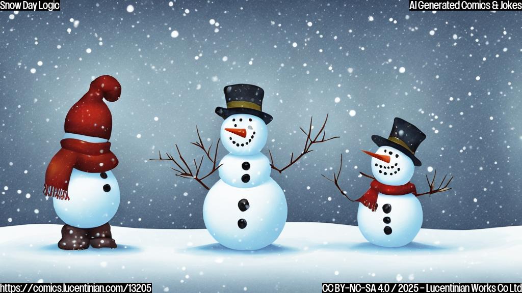 A simple cartoon illustration of a snowman looking sad, while a snowwoman walks away with an angry expression. The background is a plain light blue color with a few white snowflakes falling.