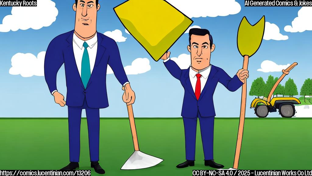 Cartoon illustration of a football coach wearing a blue suit and tie, holding a large shovel in front of a green football field. The sky is blue with fluffy white clouds. Style is plain colors and simple lines.
