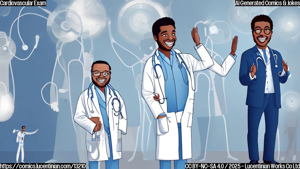 A cartoon image of a doctor in a white coat clapping with a big smile. In front of him, a silhouette of a person wearing a suit is standing with their back to the viewer, also smiling. The background is a light blue color.