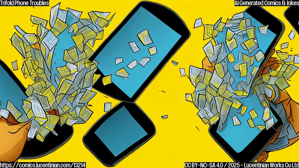 Cartoon of a frustrated smartphone with three screens, trying to fold itself but crumpling instead. Plain yellow background.