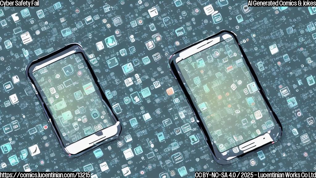 simple cartoon illustration of a frustrated looking smartphone with a cracked screen, surrounded by tiny, glitching cyber security app icons.