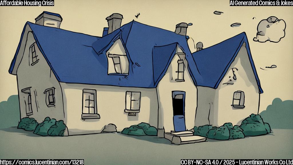 A cartoon-style image of a sad-looking, anthropomorphic house with a worried expression, sitting on a therapist's couch. The background is a simple, plain blue color. The house is colored in pale yellow and has grey roof tiles.