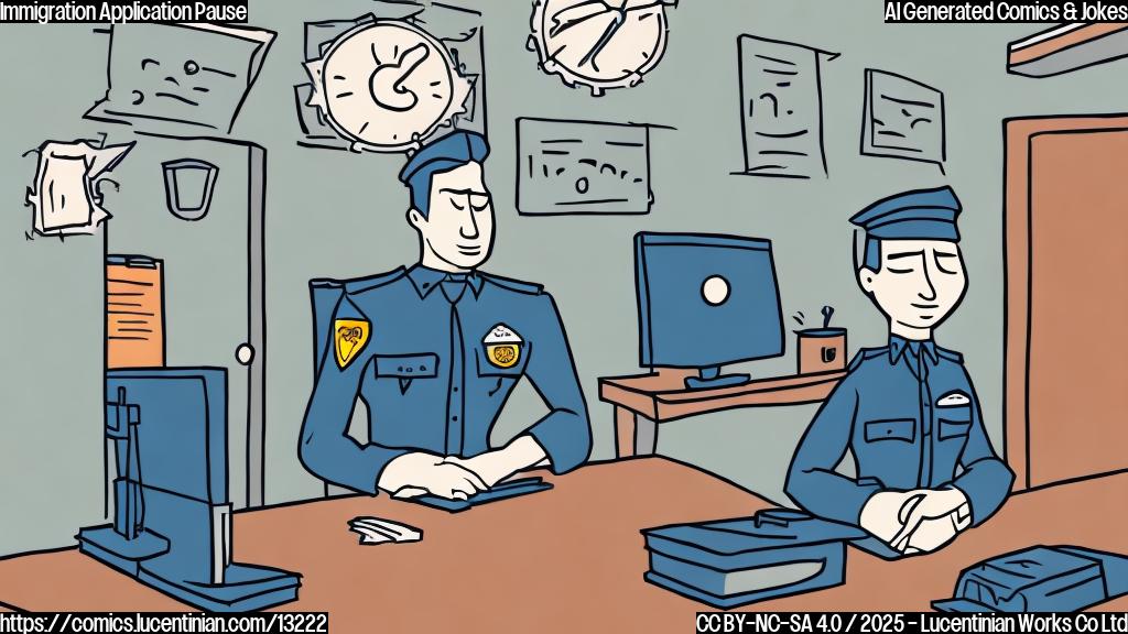 a cartoon style illustration of a faceless immigration officer sitting behind a desk with a stack of 'paused' applications, in front of him a person with a spinning prayer wheel