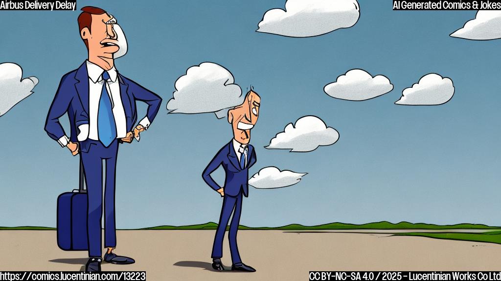 A cartoon image of a stressed-looking business executive in a suit, standing on an empty tarmac with a suitcase, looking up at the sky with a frustrated expression. The sky is a plain light blue. Style: plain color cartoon.