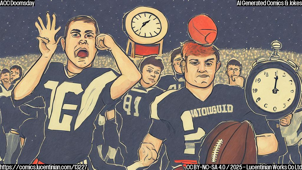 a plain color cartoon style picture of a concerned-looking college football fan holding a large clock with the hands pointing close to midnight, with a football field in the background