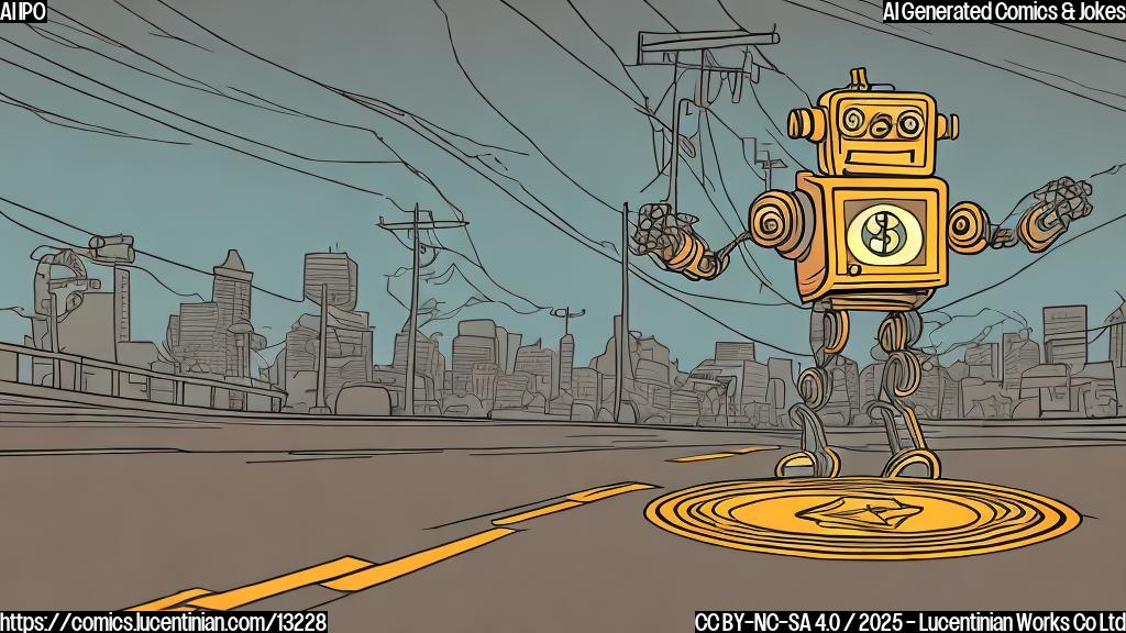 A simple, plain cartoon style image of a stylized robot with dollar signs in its eyes, rushing across a road. The road is marked with "IPO" on the other side.