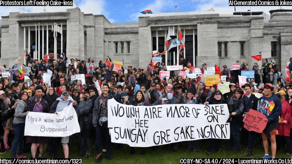 a large crowd of people holding signs and banners with Maori symbols, standing in front of a grey New Zealand Parliament building, with some protesters holding slices of cake
