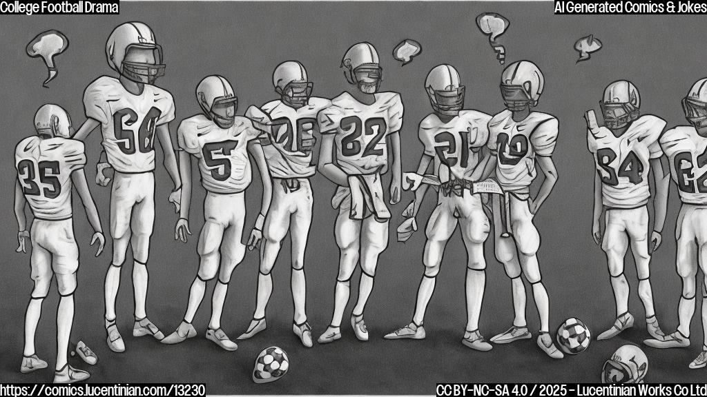 Plain color cartoon style image of a confused football coach with a question mark above his head, standing on a football field. Three football players are shaking their heads in disagreement behind him.