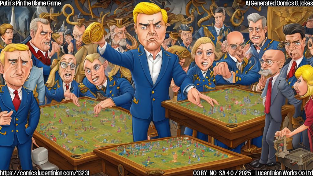 Cartoon style image of a serious-looking man with short blonde hair wearing a dark suit, pointing a blaming finger towards a group of people vaguely resembling European stereotypes, all standing around a game board labeled "Conflict." The board game shows toy soldiers, tanks and artillery objects.. The overall tone is satirical and humorous. Use plain background colors to enhance the cartoon style.