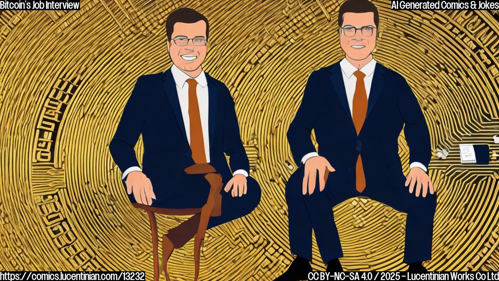A cartoon of a nervous looking Bitcoin symbol (a golden B with two vertical lines) sitting in a chair across from a stern-looking interviewer with a suit and tie, behind a desk with a nameplate that reads "The Man." The interviewer is raising an eyebrow skeptically.
