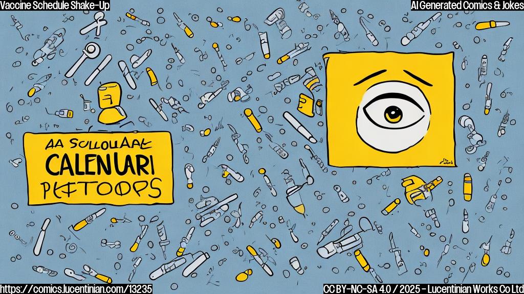 A light yellow cartoon style depiction of a calendar with tearful eyes and a frown, with vaccine syringes hovering around it menacingly. The background is a plain light blue.