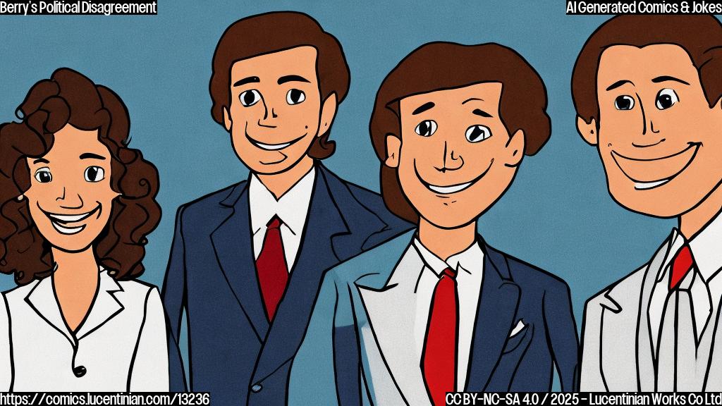 A cartoon drawing of a brown-haired, smiling man wearing a suit looking disappointed. Next to him is a smiling woman with short, curly brown hair with a big smile. The background is a plain light blue.