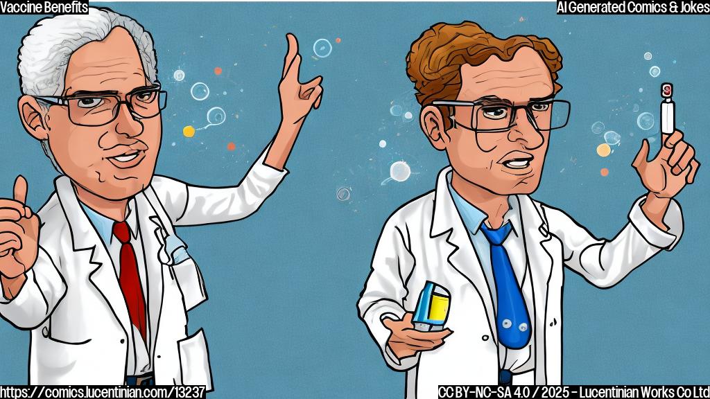 Cartoon drawing of a scientist with glasses, wearing a white coat, holding a syringe in one hand and pointing at a large brain with the other hand. The brain has question marks floating around it. The background is a plain light blue.