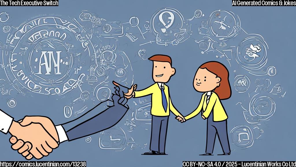 A cartoon depicting a person wearing a formal business suit shaking hands with another person wearing a casual t-shirt with the social media company logo. The background features a stylized orchard on one side and a futuristic cityscape on the other. The handshake appears to be a transfer.