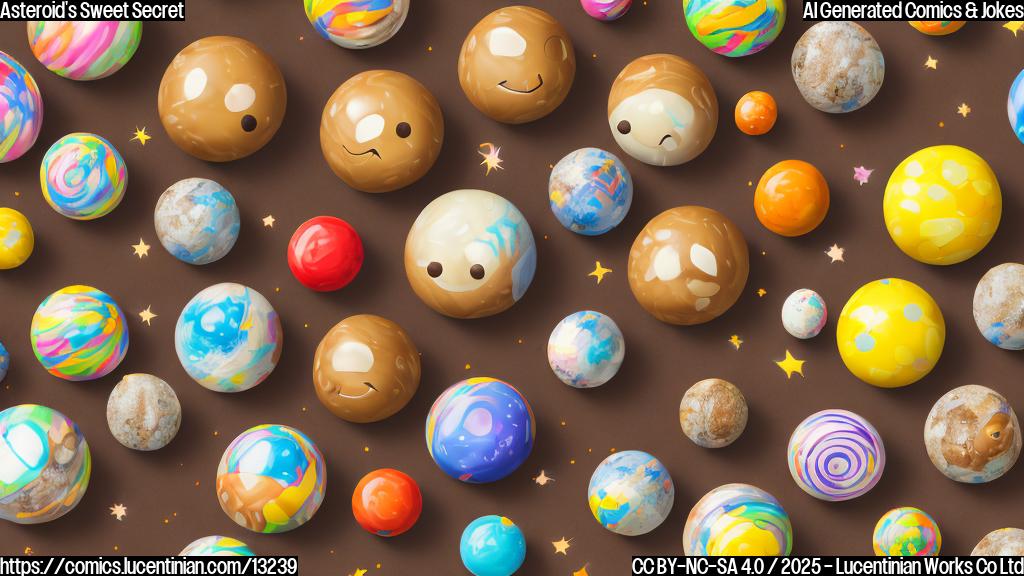 A cartoon style image of a brown asteroid with a happy face wearing a tiny candy store uniform (apron and paper hat). It is handing out gumballs to miniature planets with smiling faces. The background is a bright yellow with sparkling stars.