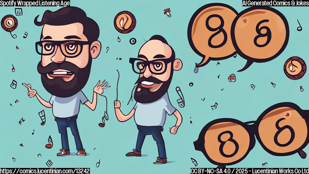 A cartoon image depicting a confused-looking 36-year-old man with a beard and round glasses, wearing a modern t-shirt. Next to him is a floating speech bubble displaying the number "86" in a stylized font, and musical notes from polka and classical music are swirling around him. The background is a plain light blue color. The cartoon style should be simple and clean.