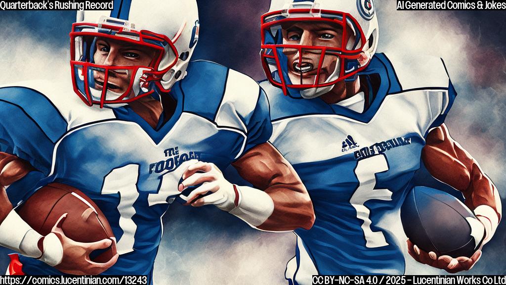 Cartoon style, plain color background, a muscular football quarterback with a determined expression running with a football in his hand, wearing a blue and red uniform, with stylized speed lines.
